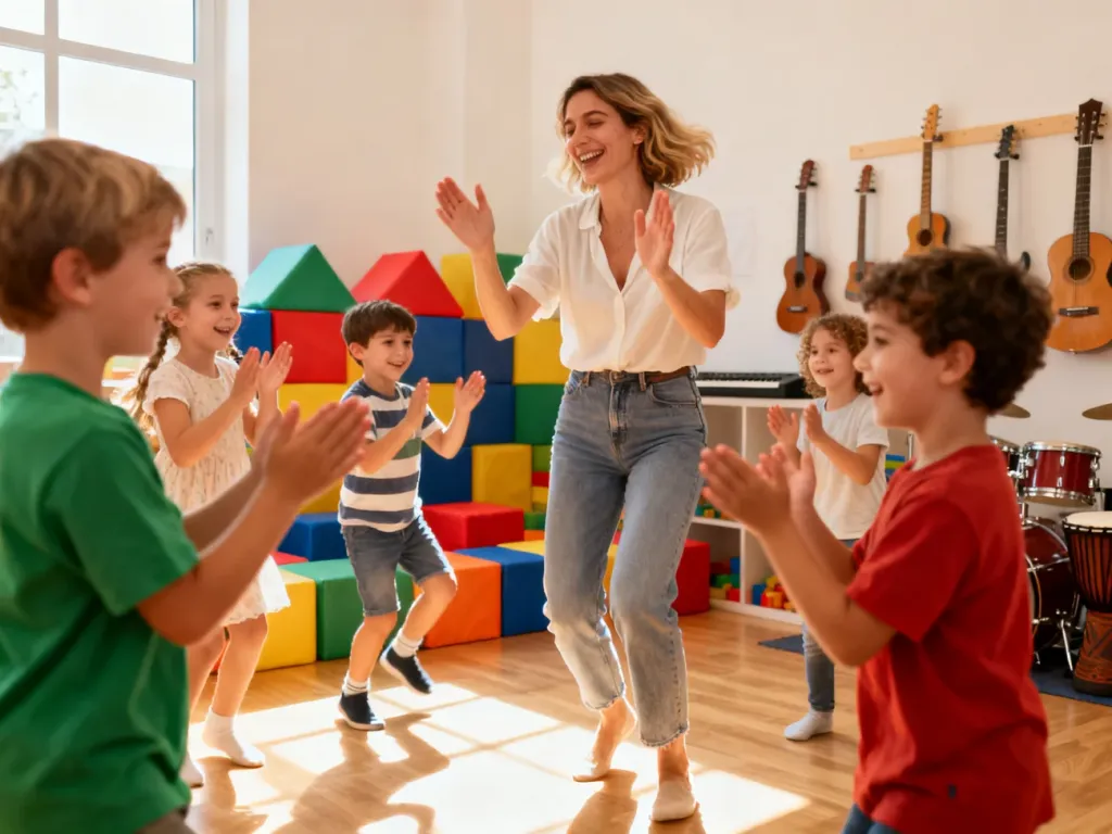 Uśmiechnięta kobieta bawi się z grupą dzieci w jasnej sali, klaszcząc i tańcząc przy muzyce.