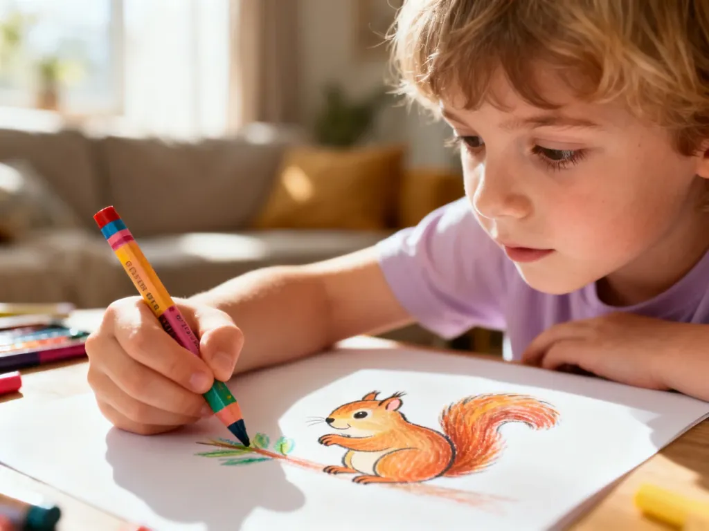 Dziecko rysuje wiewiórkę kolorową kredką na białej kartce w przytulnym, słonecznym pokoju.