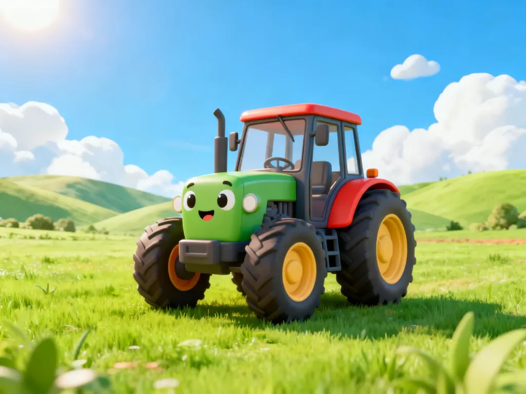 Kolorowy traktor w stylu kreskówkowym na zielonej łące pod błękitnym niebem, idealny jako wzór do rysowania dla dzieci.